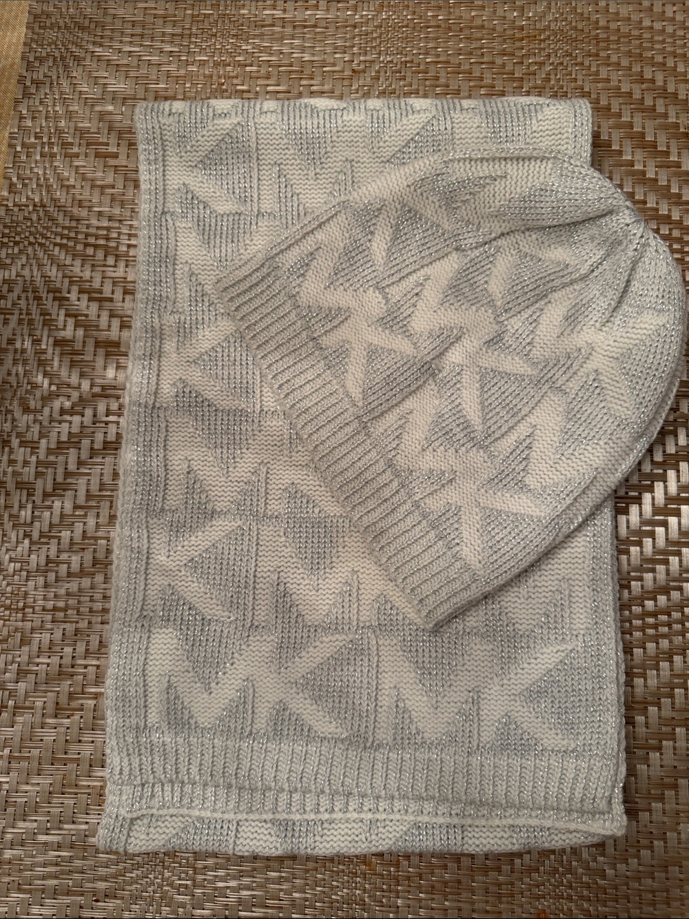 Michael Kors Gray and Cream Knit Scarf and Beanie Set